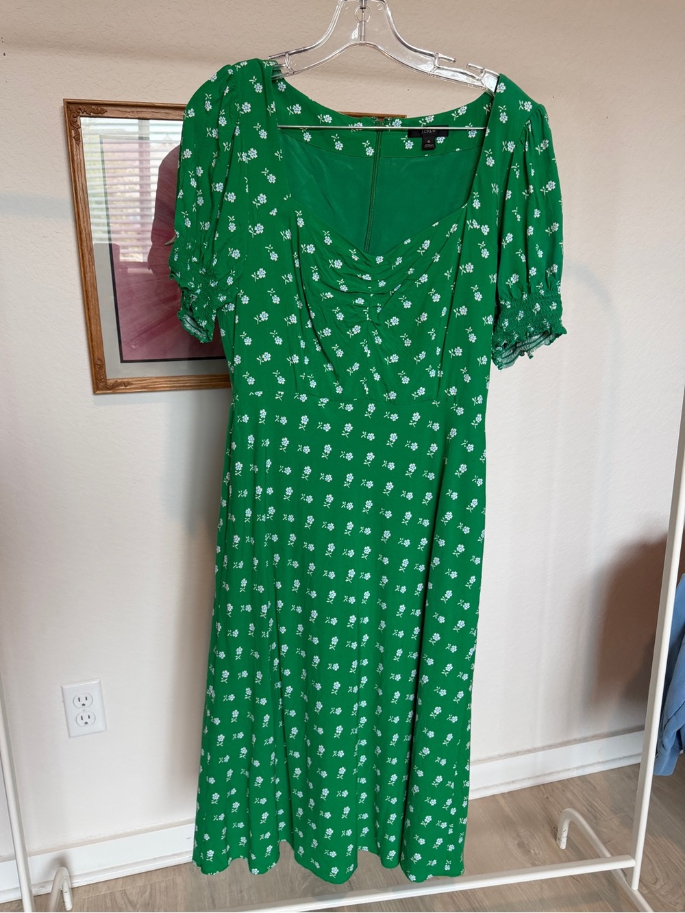 J Crew Green Floral Midi Dress Puff Sleeve